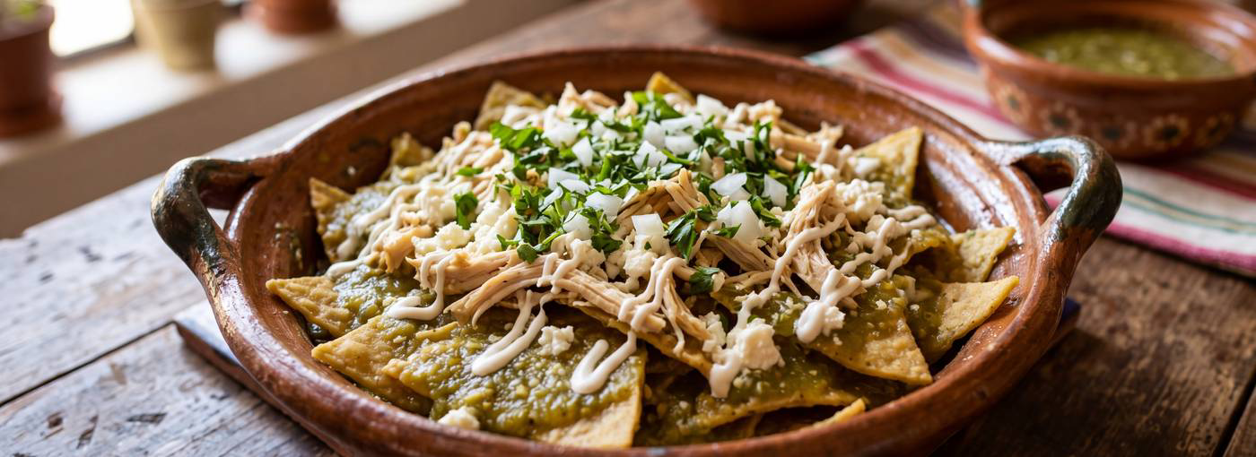 Chilaquiles verdes con pollo deshebrado, crema y queso fresco en cazuela de barro