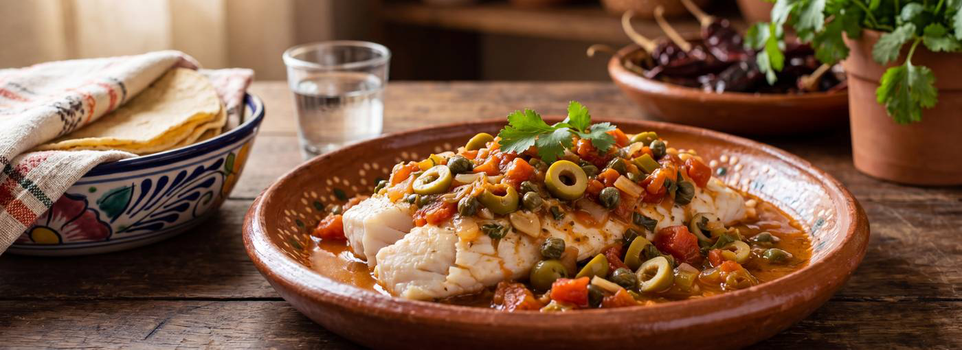 Pescado a la veracruzana con jitomate, aceitunas y alcaparras