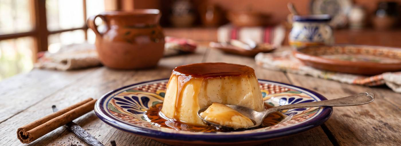 Flan de vainilla sin azúcar con caramelo dorado en plato de talavera