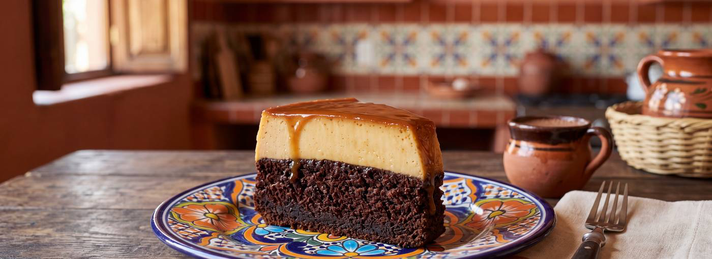 Rebanada de chocoflan ligero: pastel de chocolate abajo y flan arriba