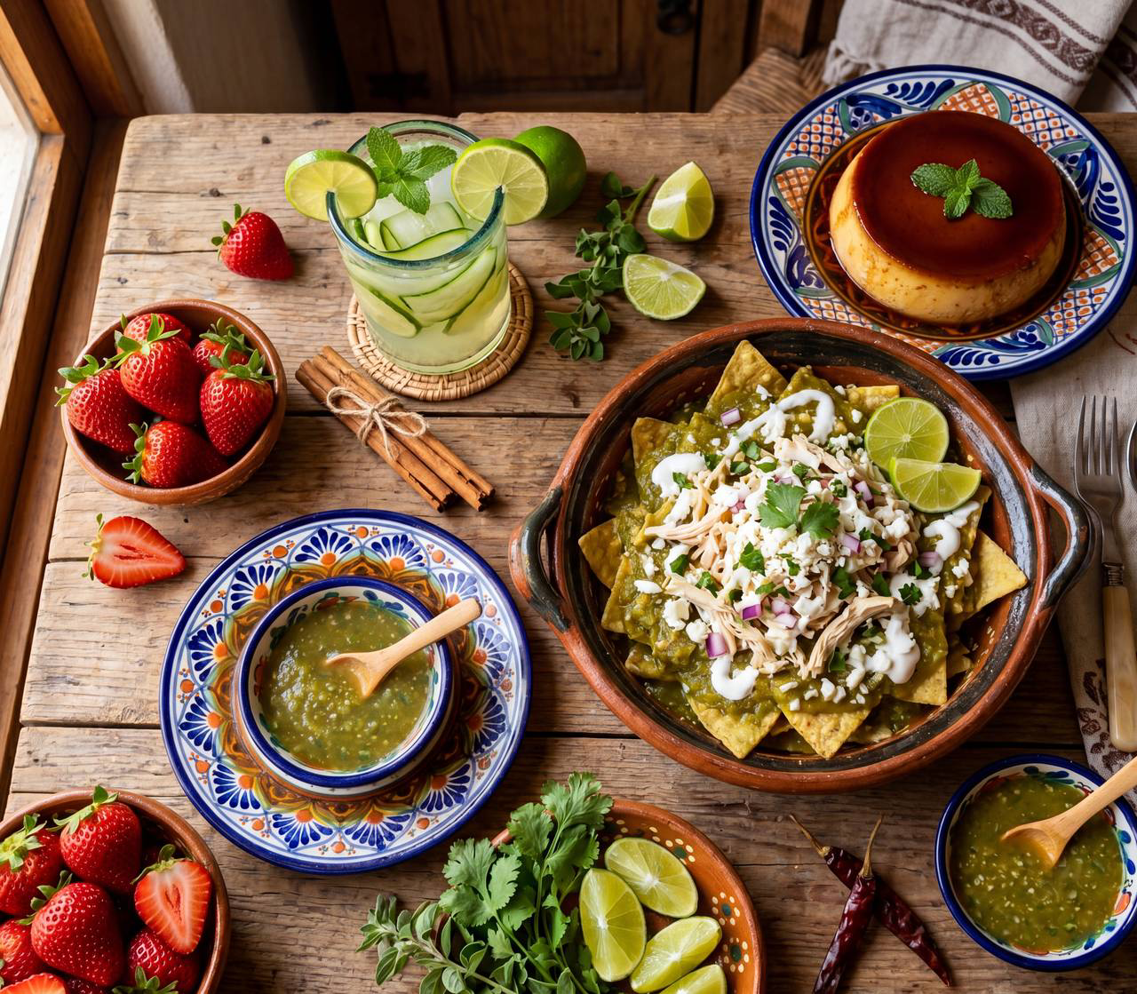 Mesa mexicana con chilaquiles verdes, flan, fresas y agua fresca sobre platos de talavera